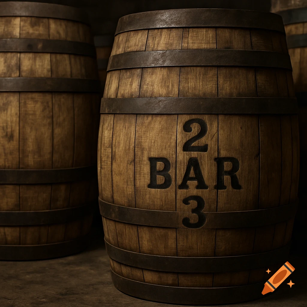 Close-up of wooden barrels with '2 BAR 3' branding on one, in a dark cellar. Photorealistic style.