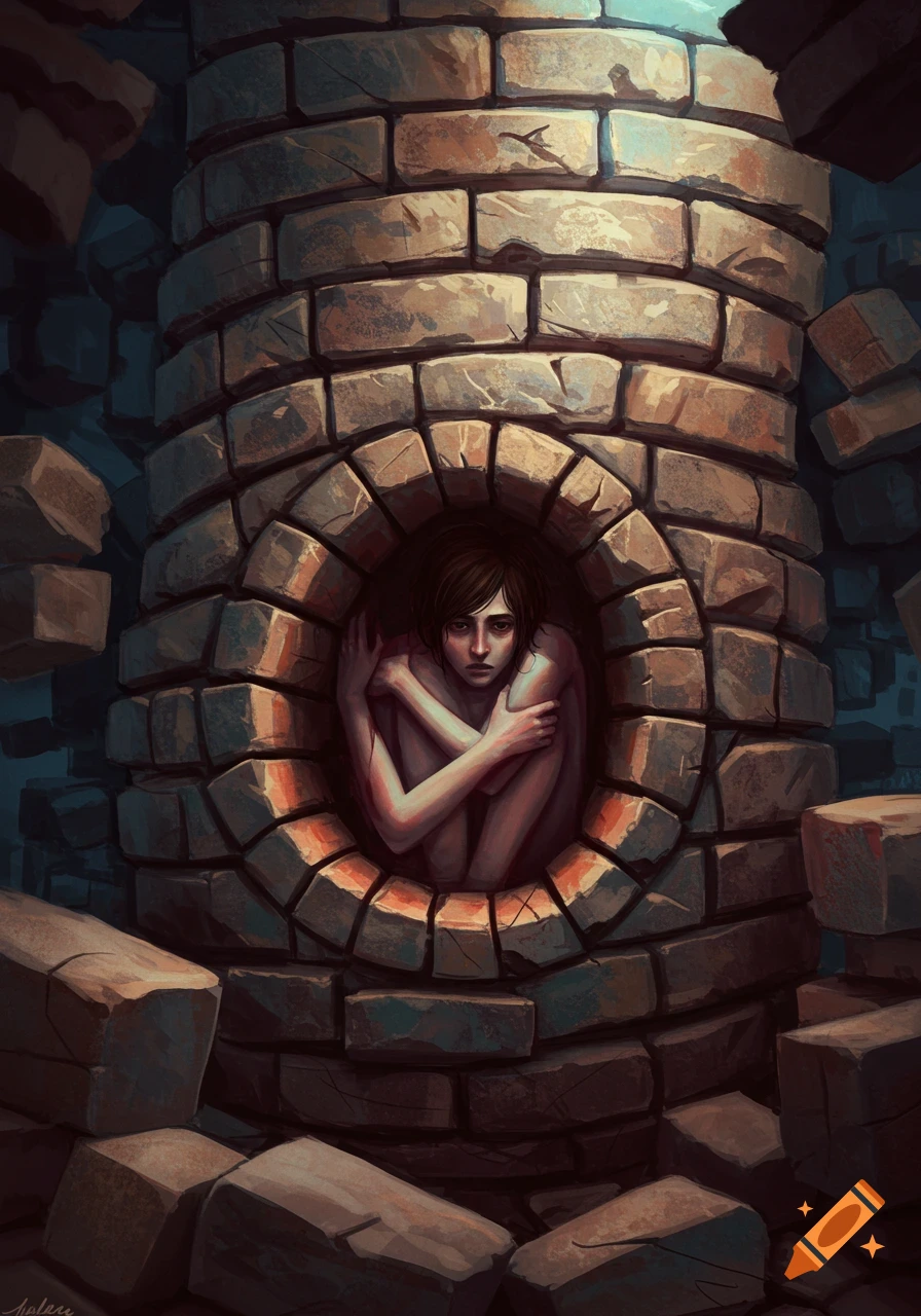 A huddled figure inside a circular brick opening surrounded by debris, digital painting.