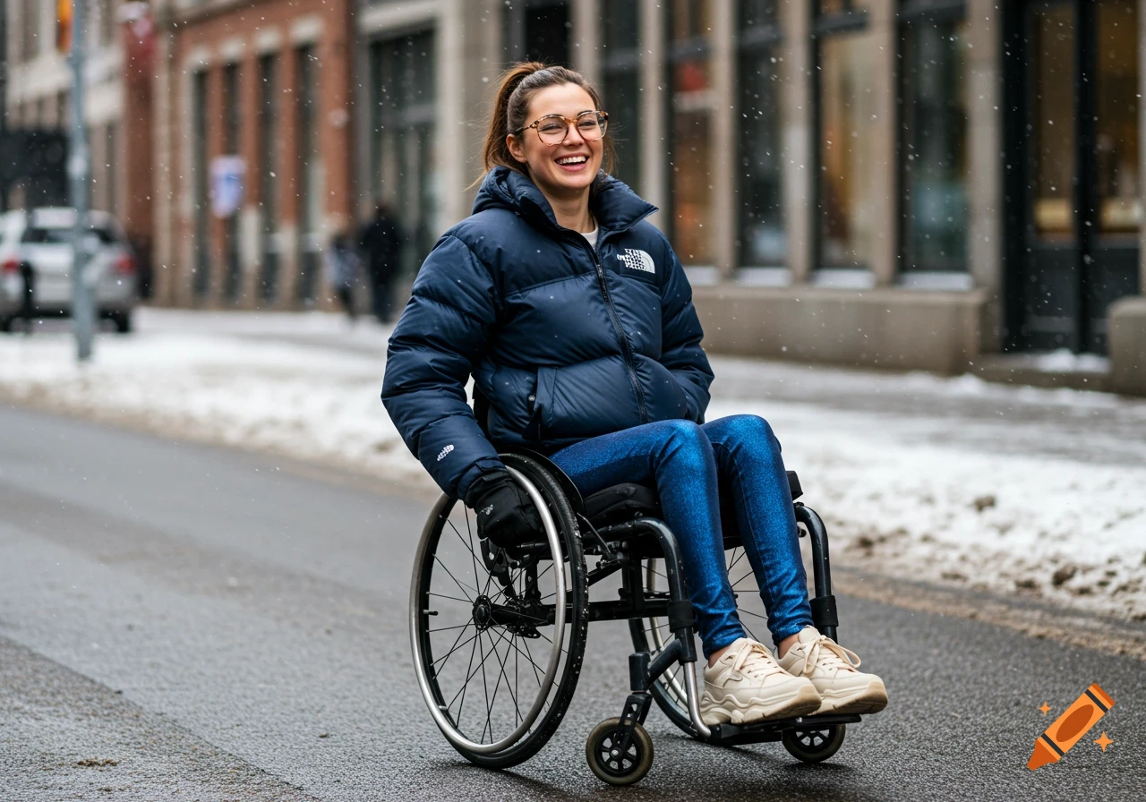 A woman in a blue puffer jacket smiles while pushing herself in a wheelchair on a snowy street.