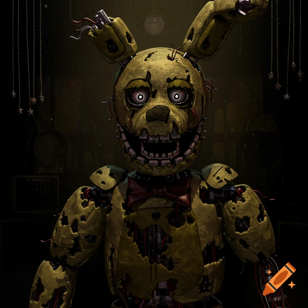 Close-up of a damaged yellow animatronic rabbit with glowing eyes in a dark room.