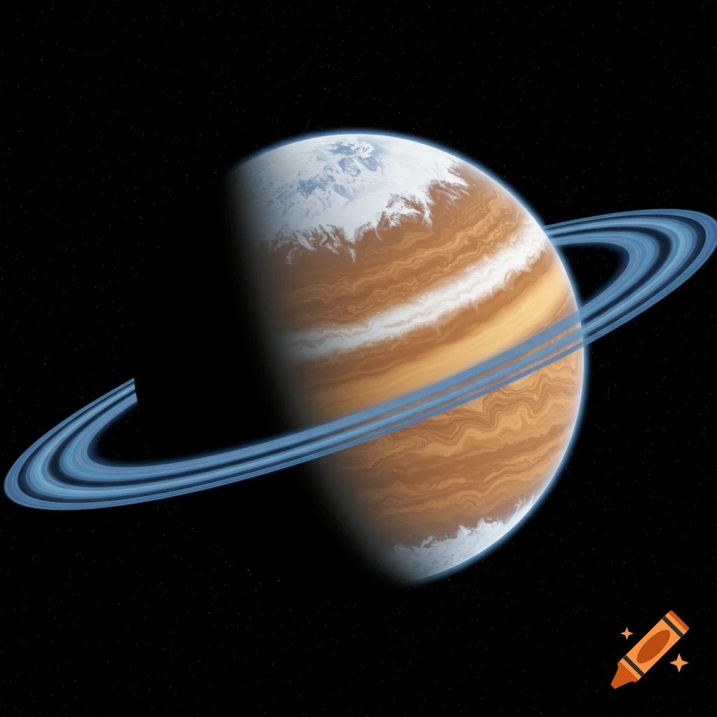 A desert planet with icy poles and blue rings in space.