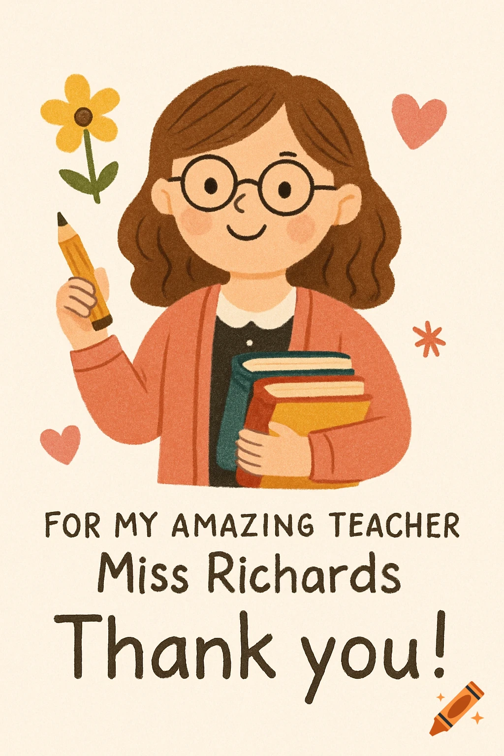 Cute illustration of a teacher holding books and a pencil, with a thank you message.