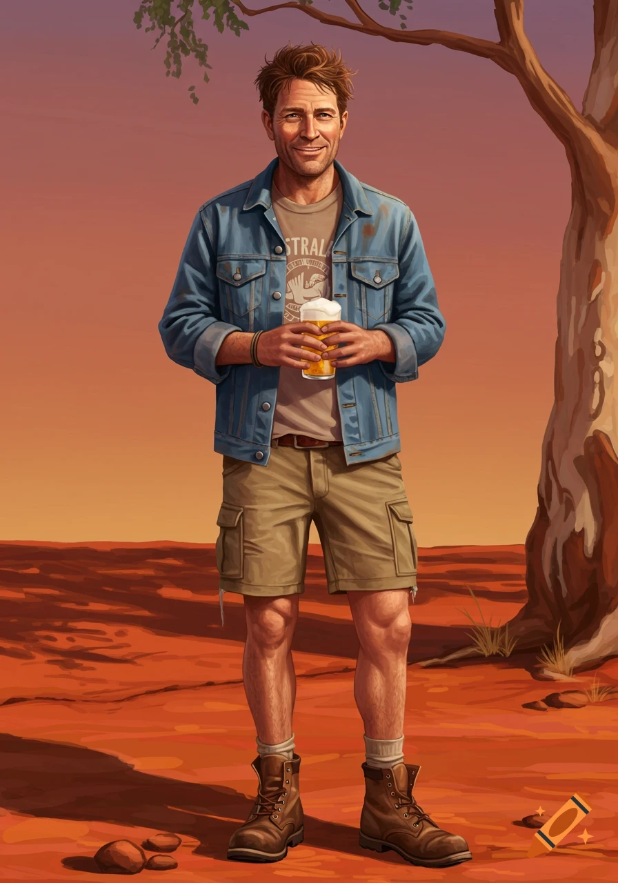 Illustration of a man in a denim jacket and shorts holding a beer, standing in a reddish Australian landscape.