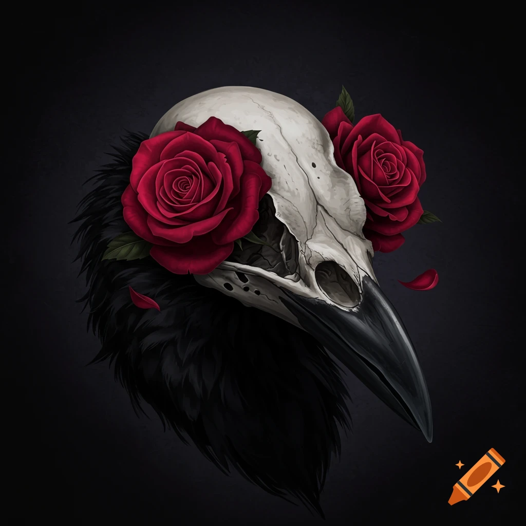 A gothic illustration of a crow skull adorned with red roses against a dark background.