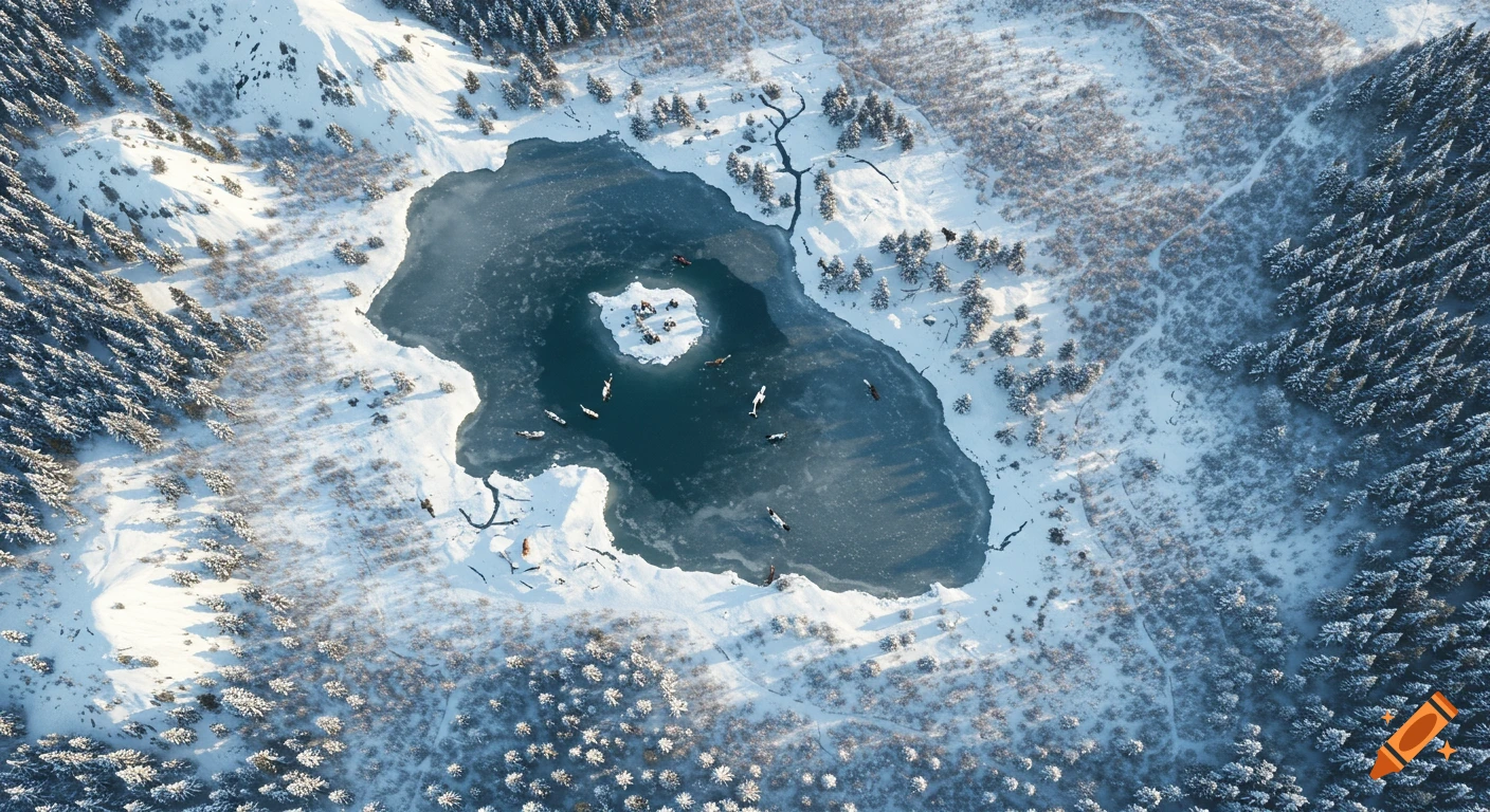 Aerial view of a winter lake with an island, surrounded by snow-covered trees and animals.