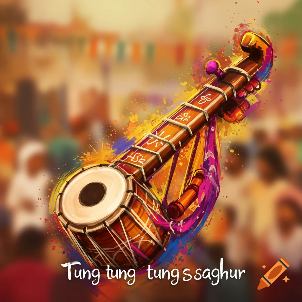 Illustration of a musical instrument with paint splatters in a blurred background.