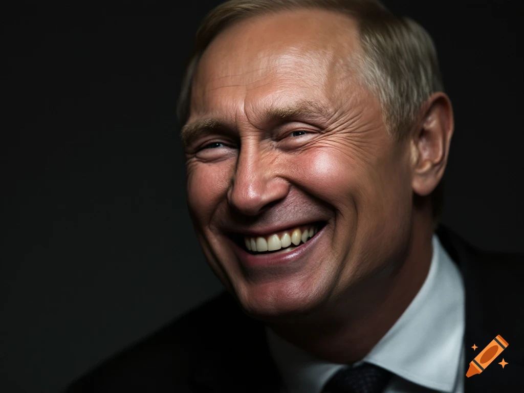 Close-up portrait of Vladimir Putin smiling broadly. on Craiyon