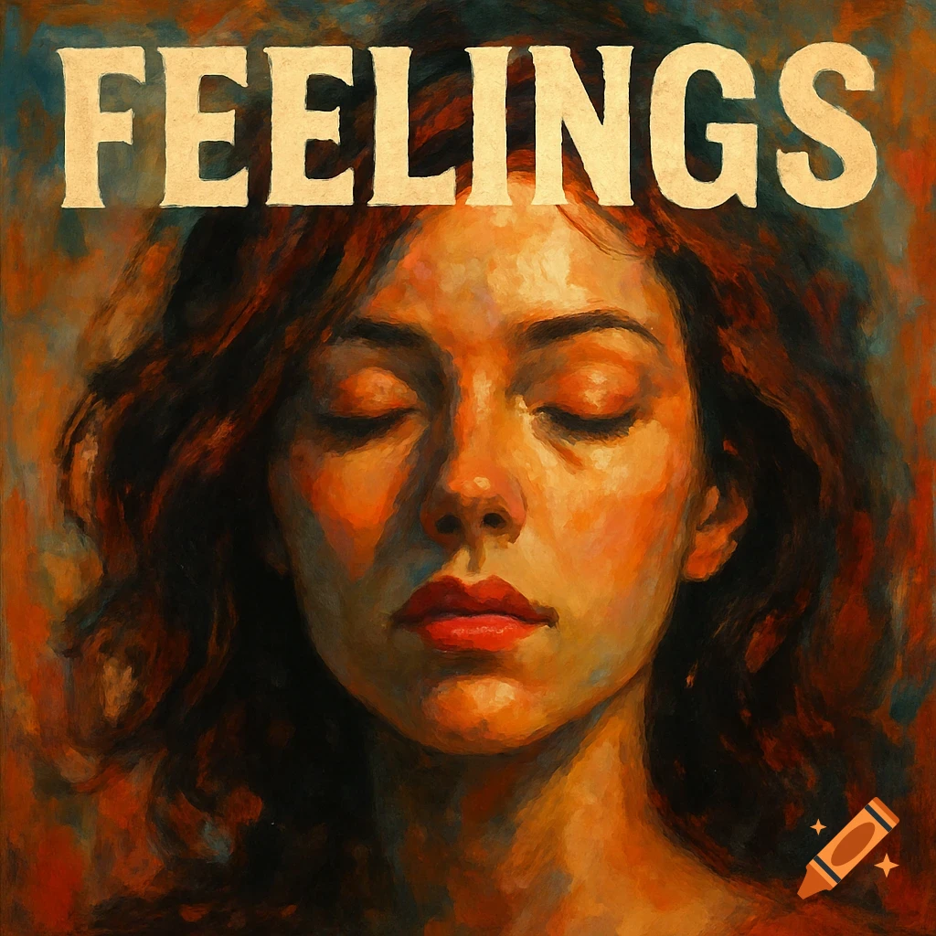 Painting of a woman's face with closed eyes and the word 'FEELINGS' above her head.