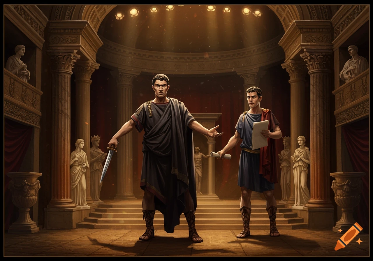 Two men in Roman robes on a stage in a grand hall, one with a dagger, the other papers, dramatic lighting.
