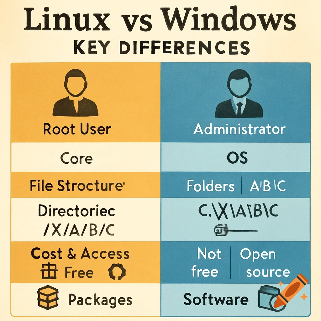 Comparison chart showing key differences between Linux and Windows ...