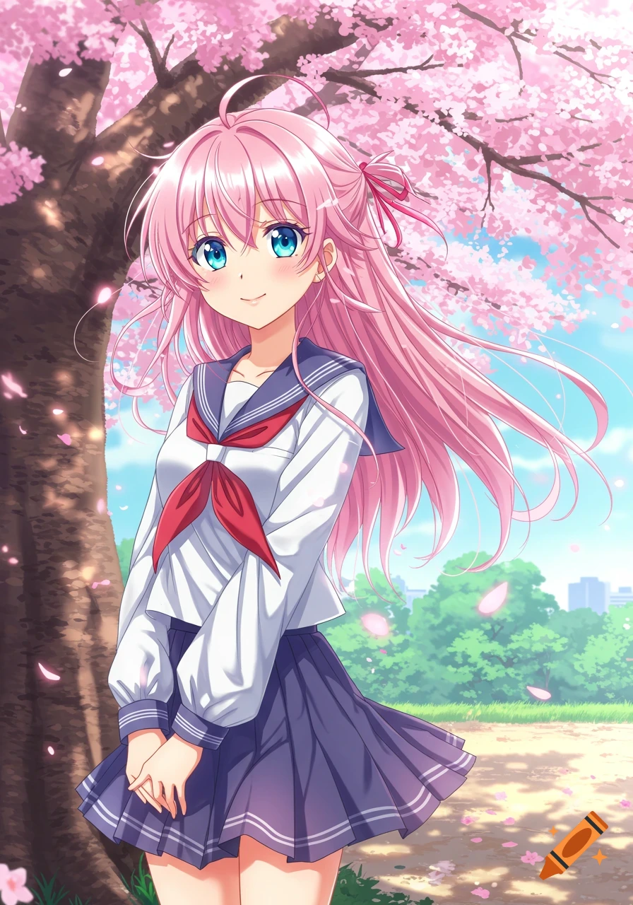 Anime girl with pink hair in school uniform under cherry blossom tree
