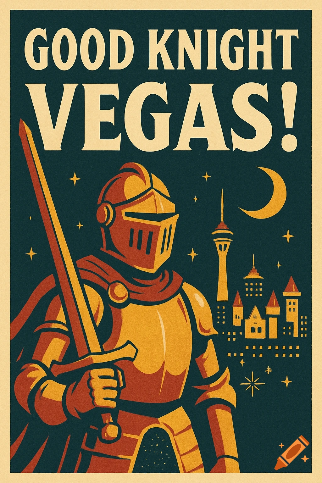 Poster of a knight in armor in front of a Las Vegas skyline at night with text 'GOOD KNIGHT VEGAS!'