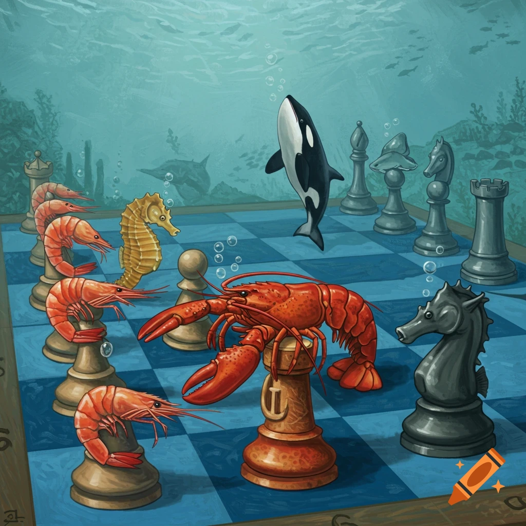 An illustration of an underwater chess game with sea creatures as the pieces, including shrimp, a lobster, a seahorse, and a killer whale.