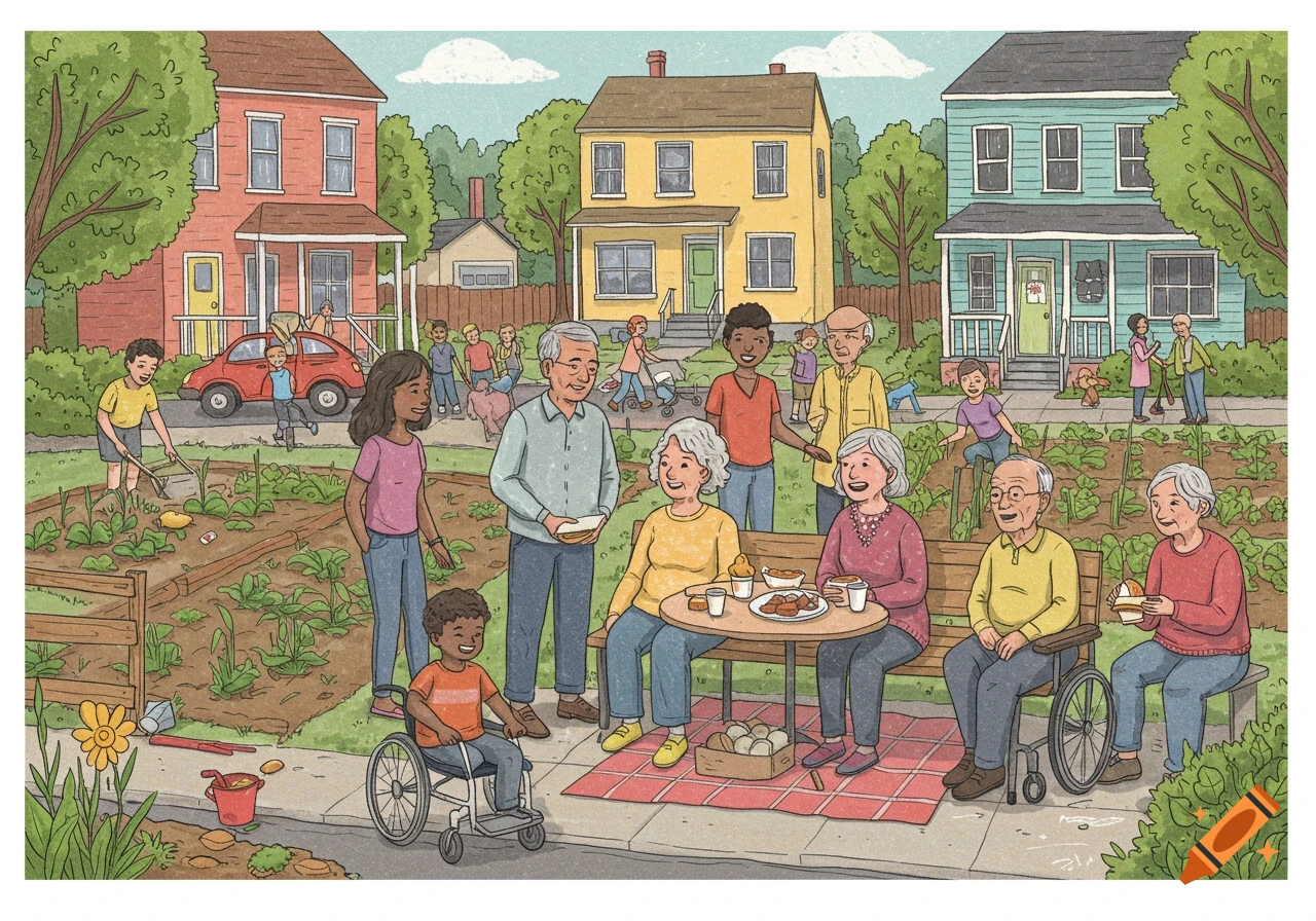 Hand-drawn illustration of diverse people of all ages in a community garden, some gardening, some sitting at a table eating.