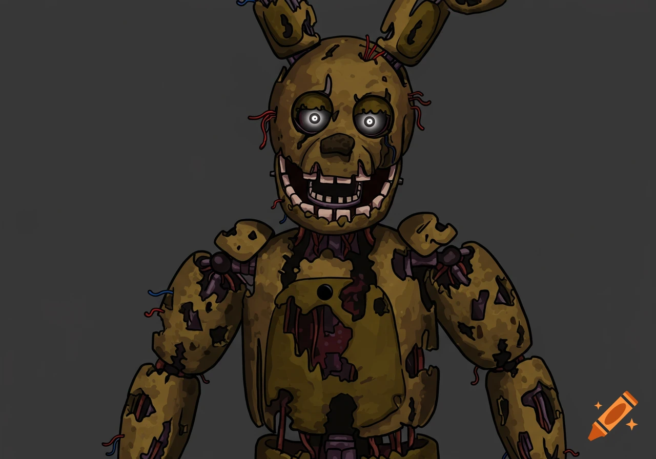 An illustration of the damaged Springtrap animatronic from Five Nights at Freddy's.