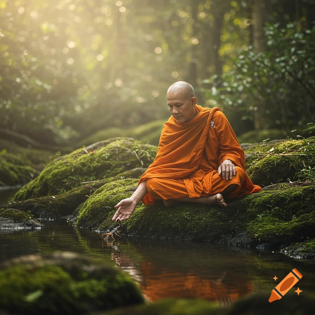 A monk reaches into a river to rescue a scorpion on a mossy bank in a forest.