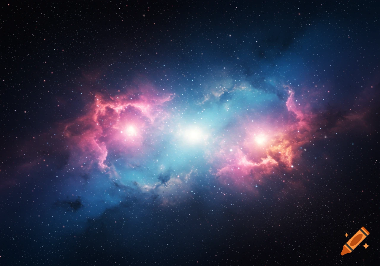 A vibrant cosmic nebula glows with pink, blue, and orange gas and bright stars against a dark starry background.
