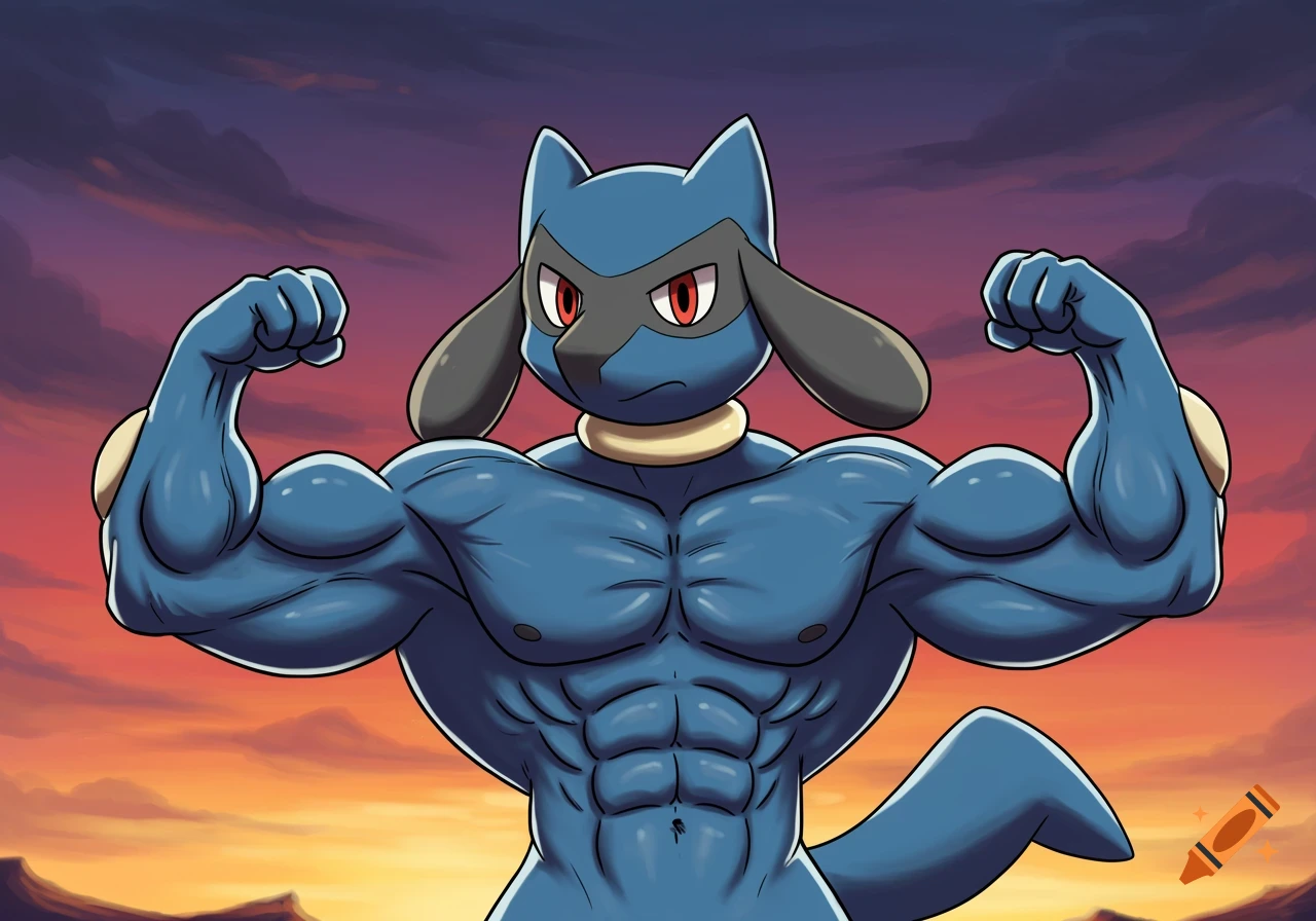 A muscular Riolu flexing its biceps against a sunset sky.