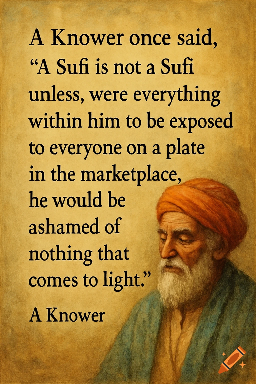 Quote text on a textured background next to a portrait of an old man with a beard and turban.