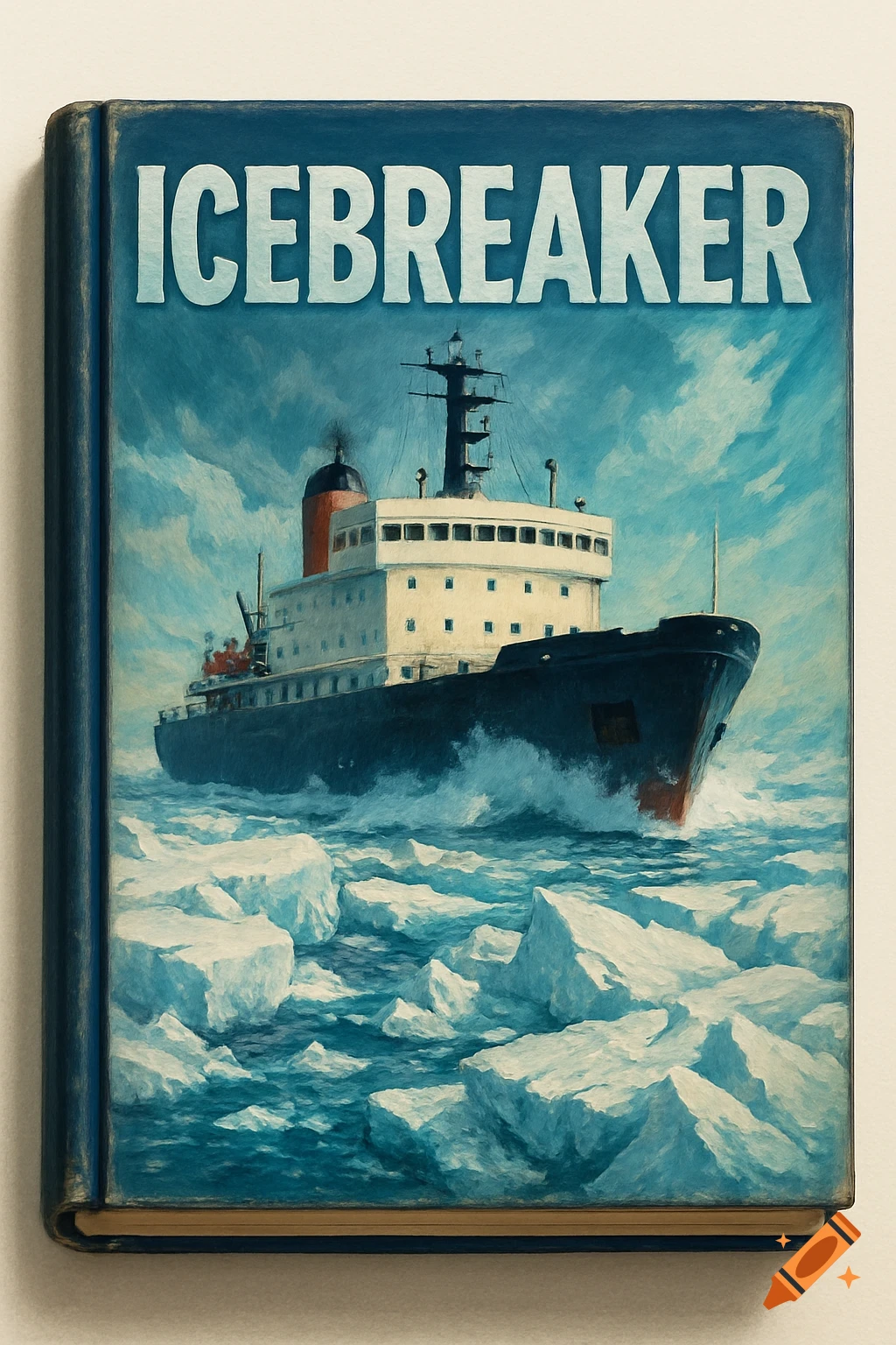 Painterly image of an icebreaker ship on an icy sea, designed as a book cover titled 'ICEBREAKER'.