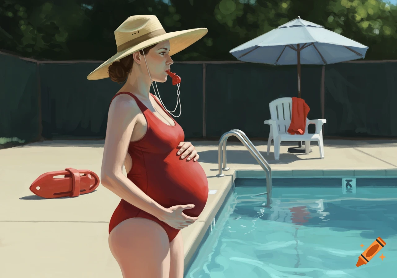 A pregnant lifeguard in a red swimsuit stands by a swimming pool, holding a whistle.