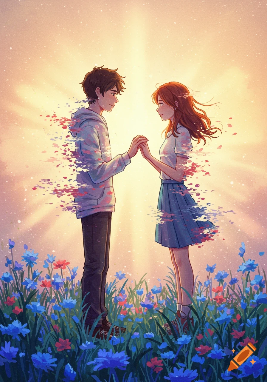 Anime style illustration of a young couple holding hands in a flower field,  partially dissolving into colorful particles against a bright sky. on  Craiyon, image size:896x1280