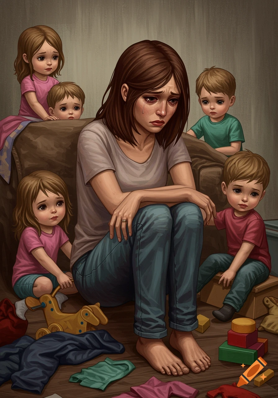 Illustration of a sad mother sitting on the floor surrounded by her children.