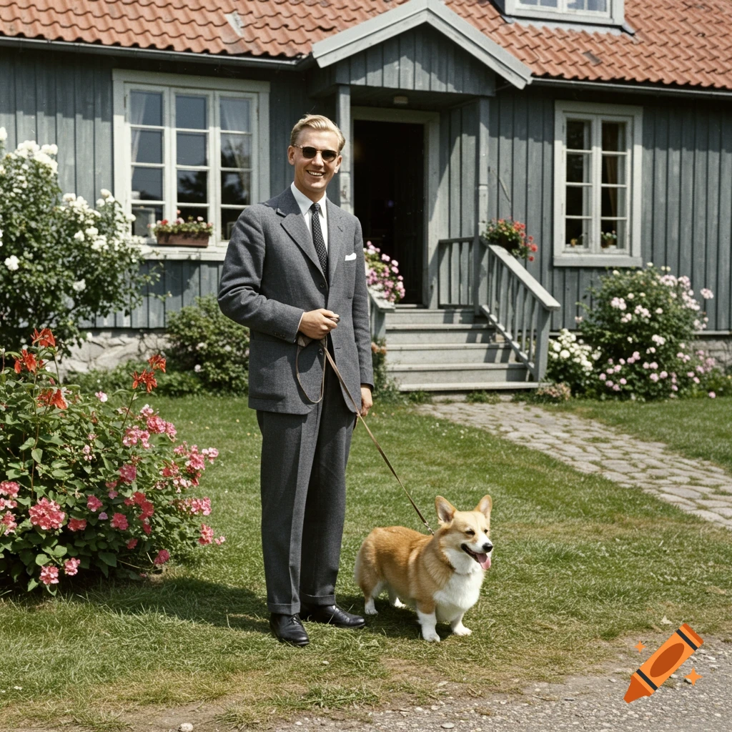 A man in a suit holds a leash while a corgi dog stands beside him in front of a house.