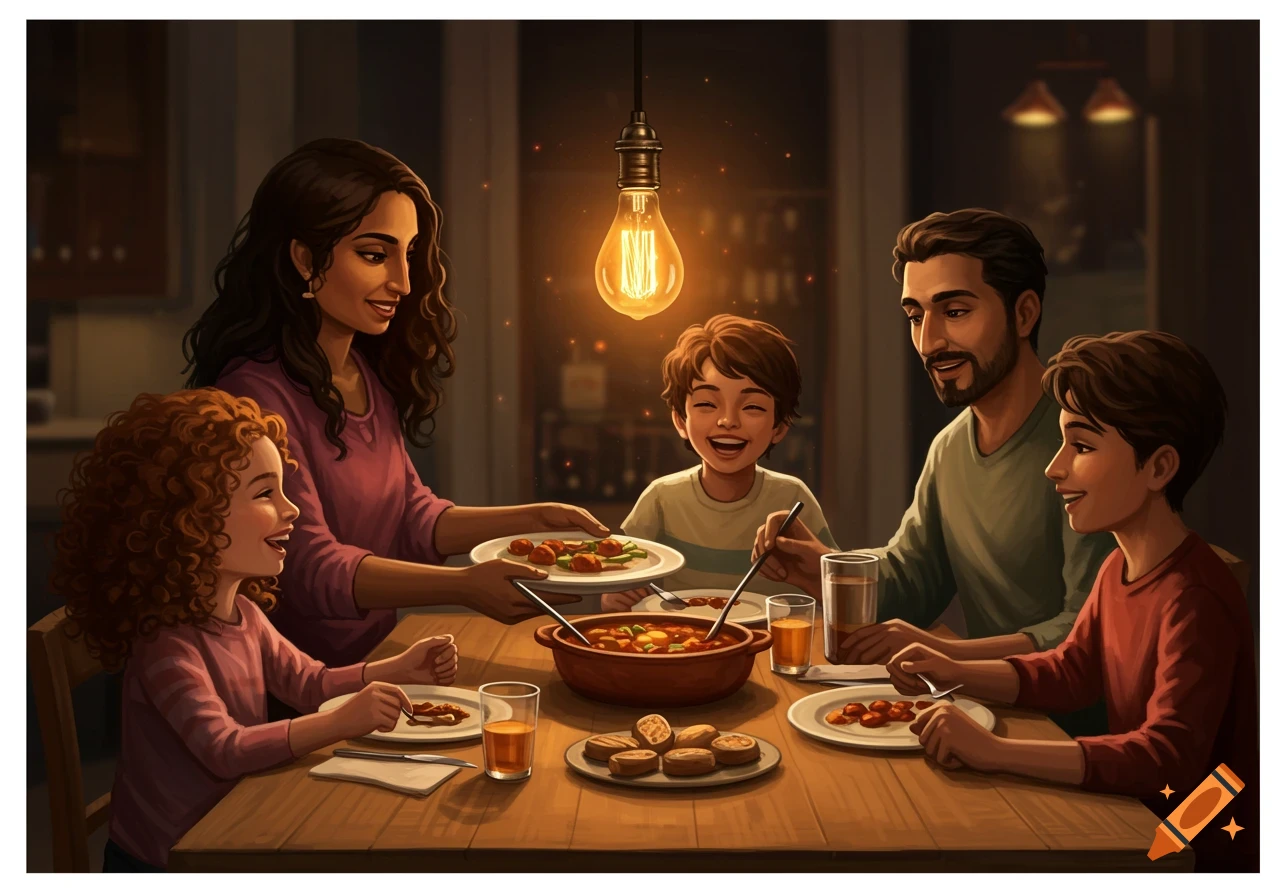 An illustrated scene of a family eating dinner together at a table under a warm light.