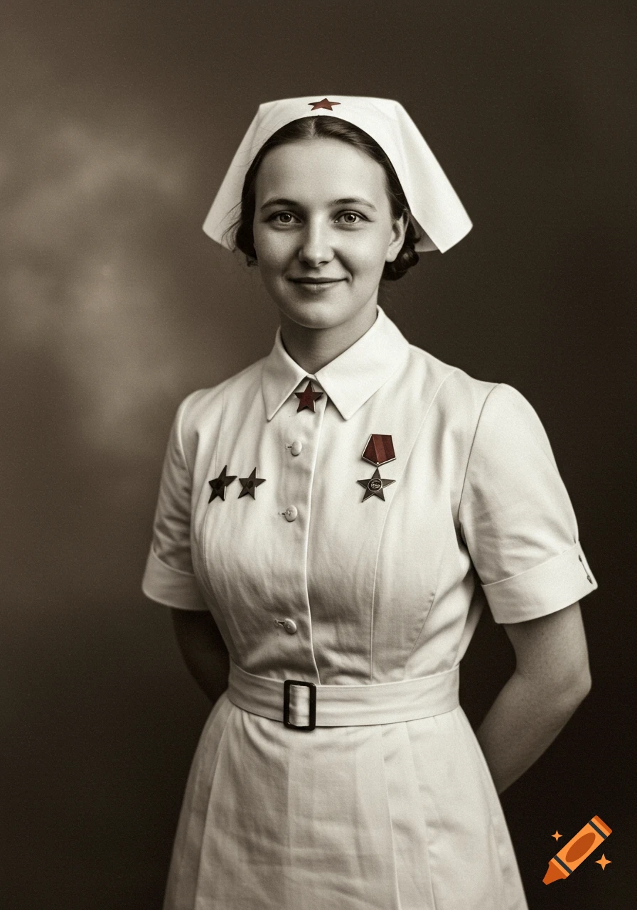 Sepia portrait of a young woman nurse in a Soviet uniform with medals.