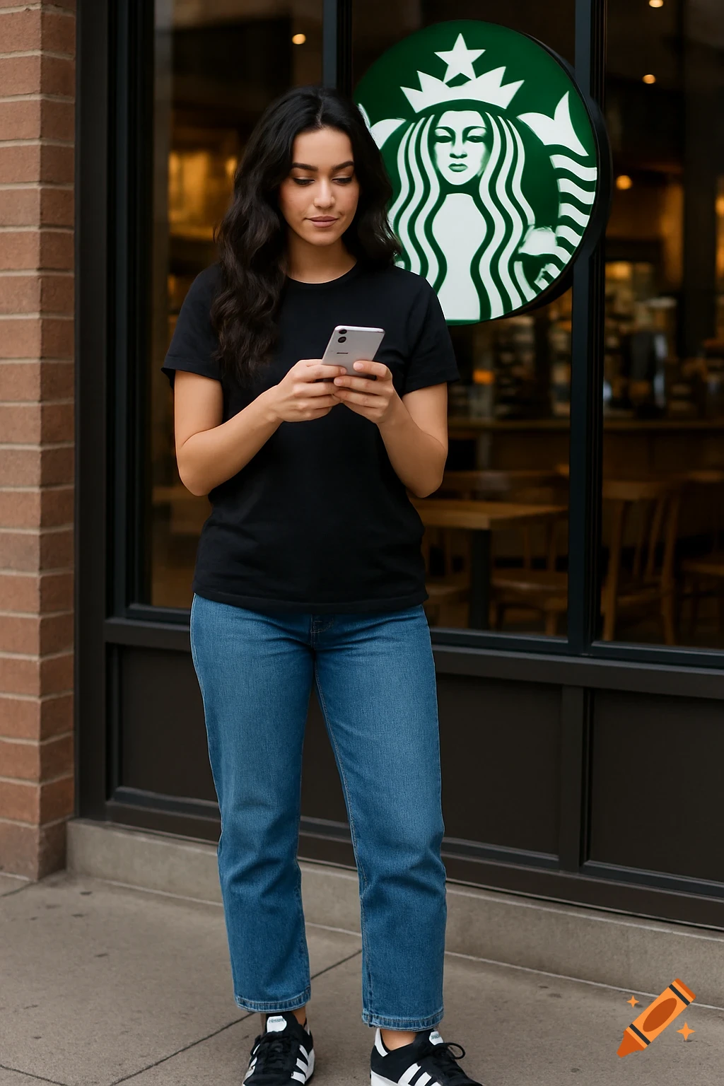 A woman with long dark hair stands outside a Starbucks, looking at her phone. She wears a black t-shirt, jeans, and sneakers.