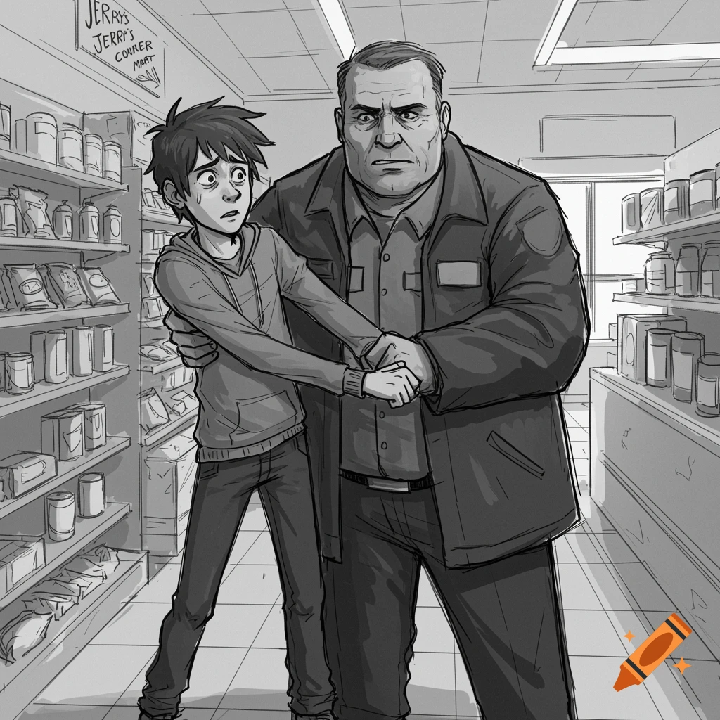 Sketch of a security guard restraining a teenage boy in a store aisle.