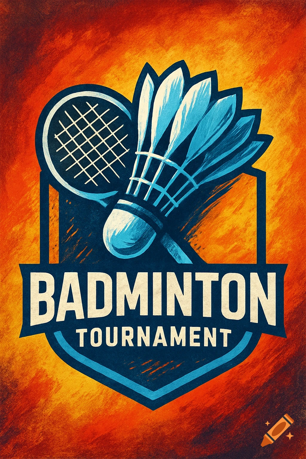 Graphic logo for a badminton tournament, featuring a racket and shuttlecock on a shield shape with text on an orange background.