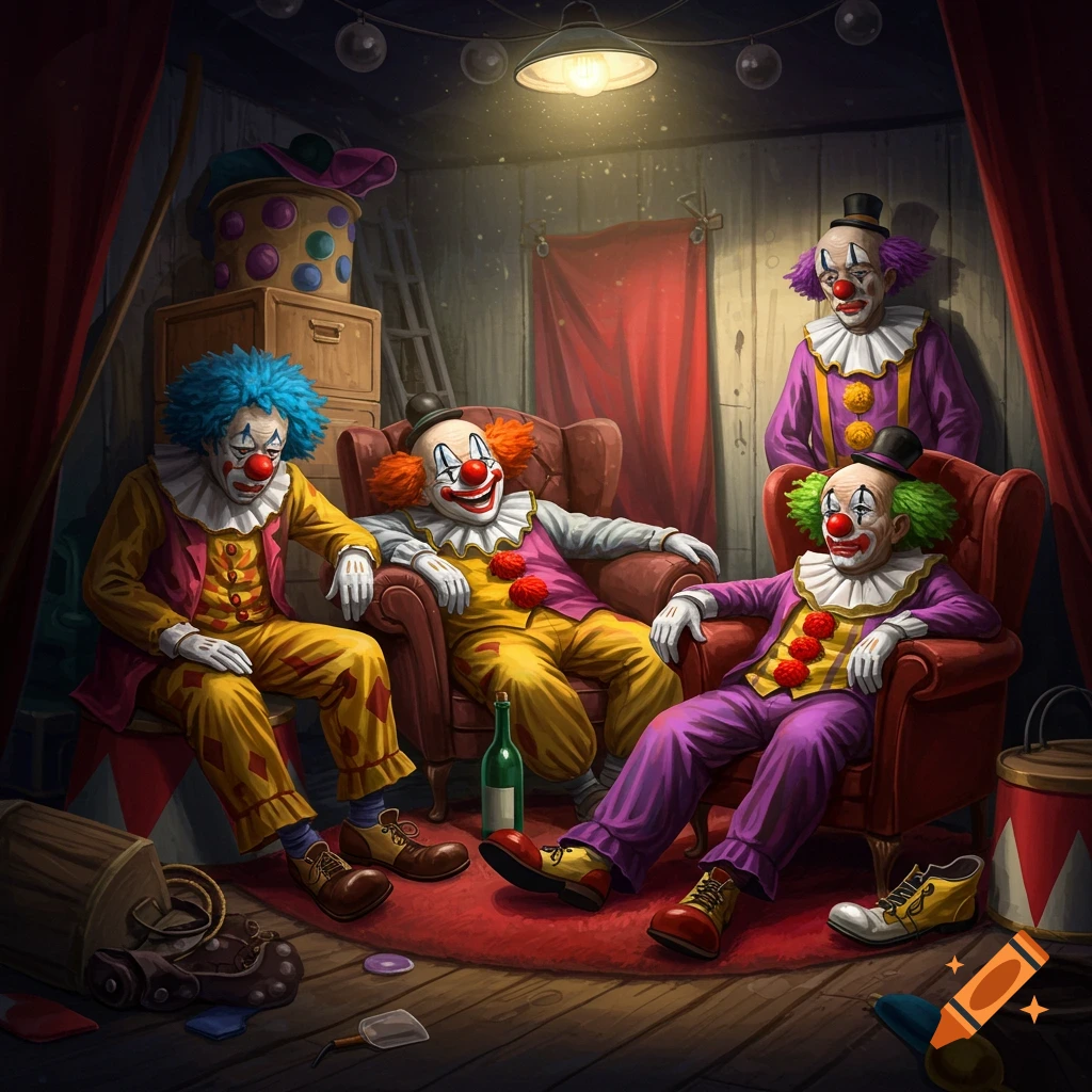 Illustration of four clowns resting backstage at a circus, seated in chairs.