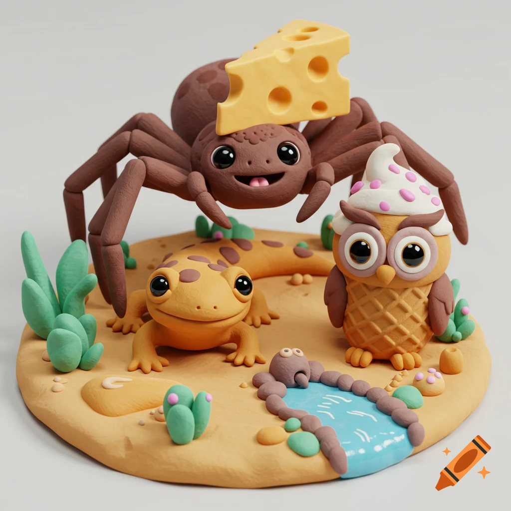 Clay model diorama featuring a spider with cheese, a frog, and an owl with ice cream, set in a small desert oasis.