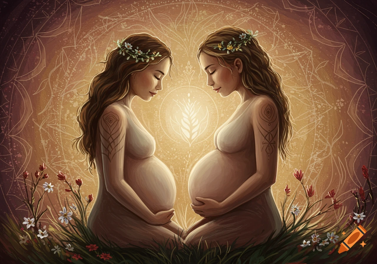 Illustration of two pregnant women sitting in nature with spiritual motifs in the background.