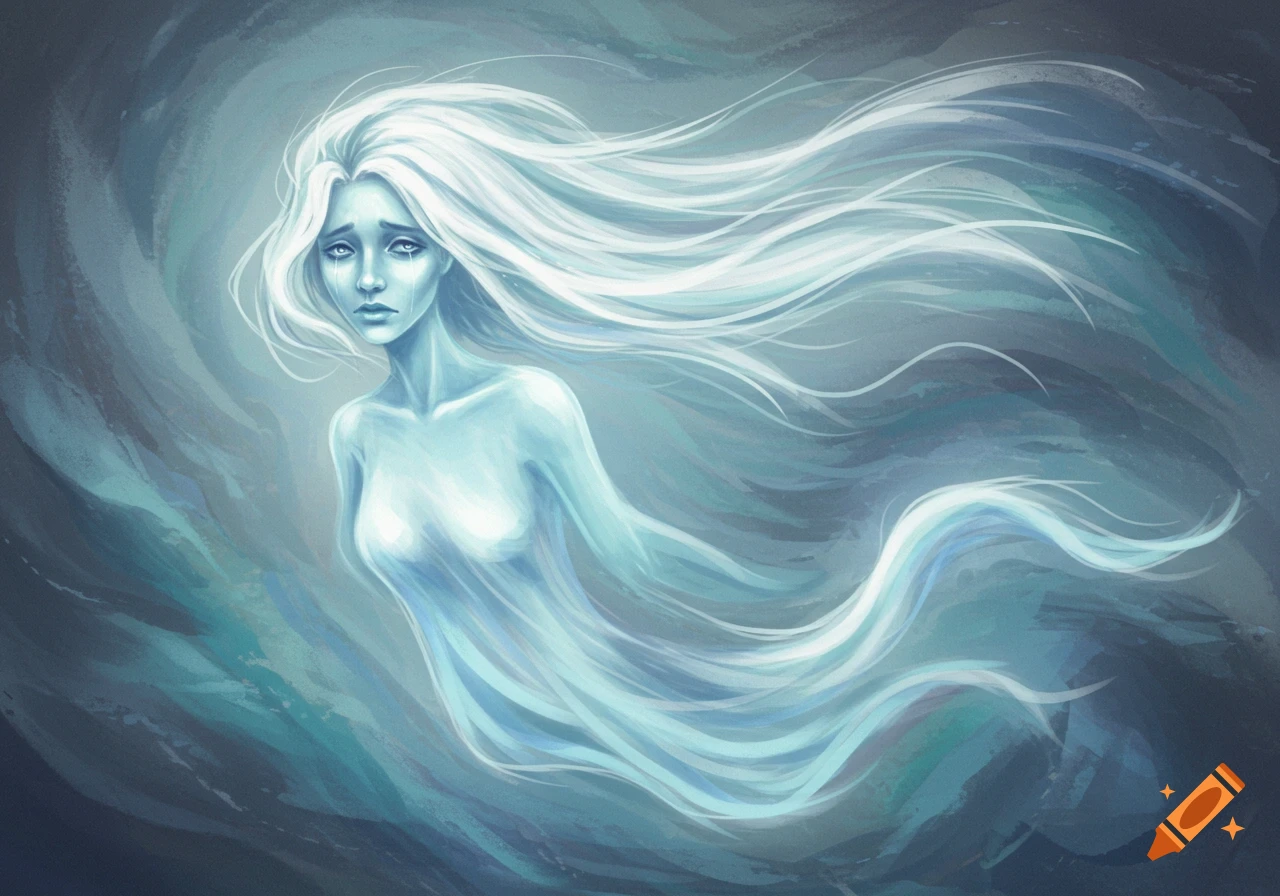 Illustration of a ghostly woman with long white hair and translucent body floating in a swirling background