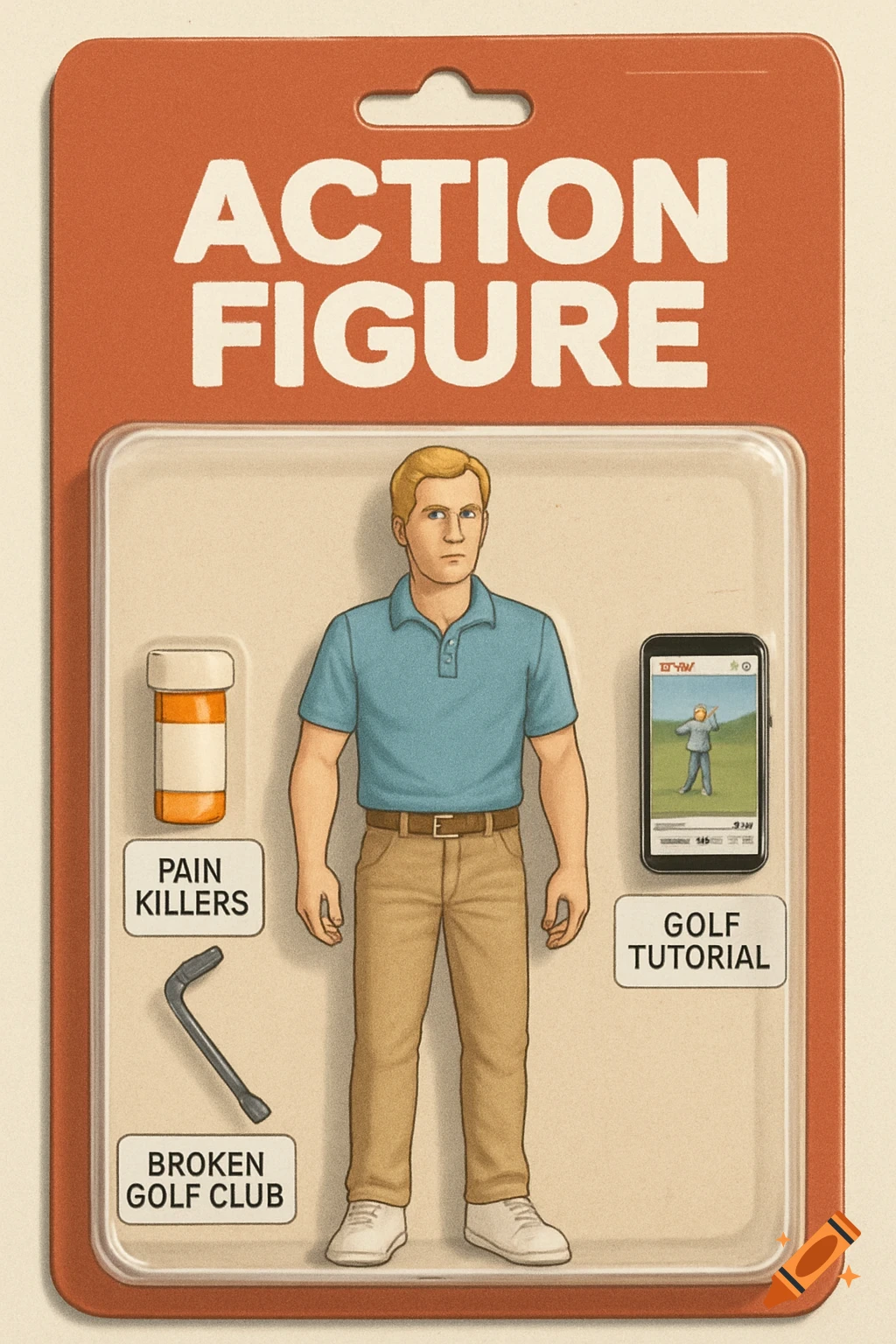 Illustration of an action figure in blister packaging with accessories like 'pain killers' and 'broken golf club'.