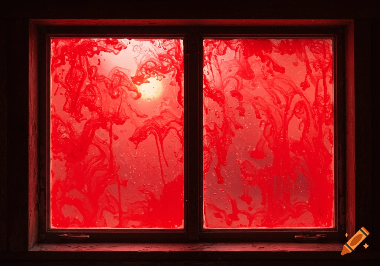 A window covered in swirling red liquid or dye, viewed from inside, with a bright light visible outside.