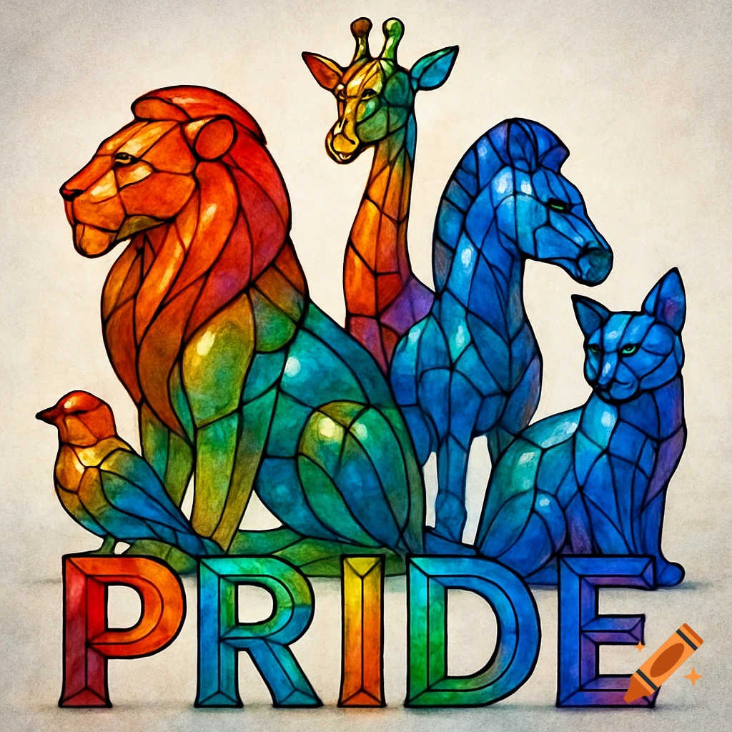 Stained glass style artwork of a lion, bird, giraffe, and cat with the word PRIDE below them, all colored like a rainbow flag.