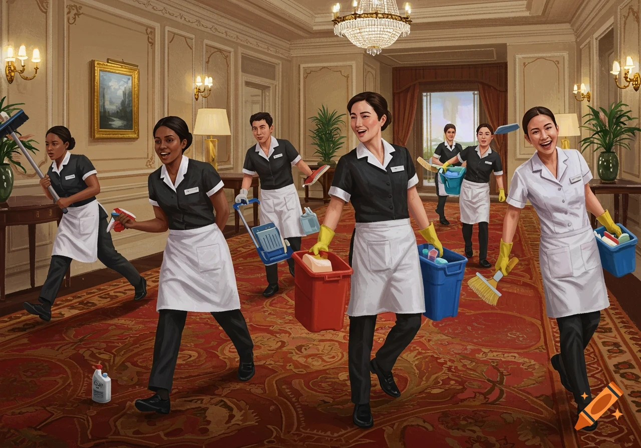 Painting of housekeepers rushing to clean a luxurious hotel lobby