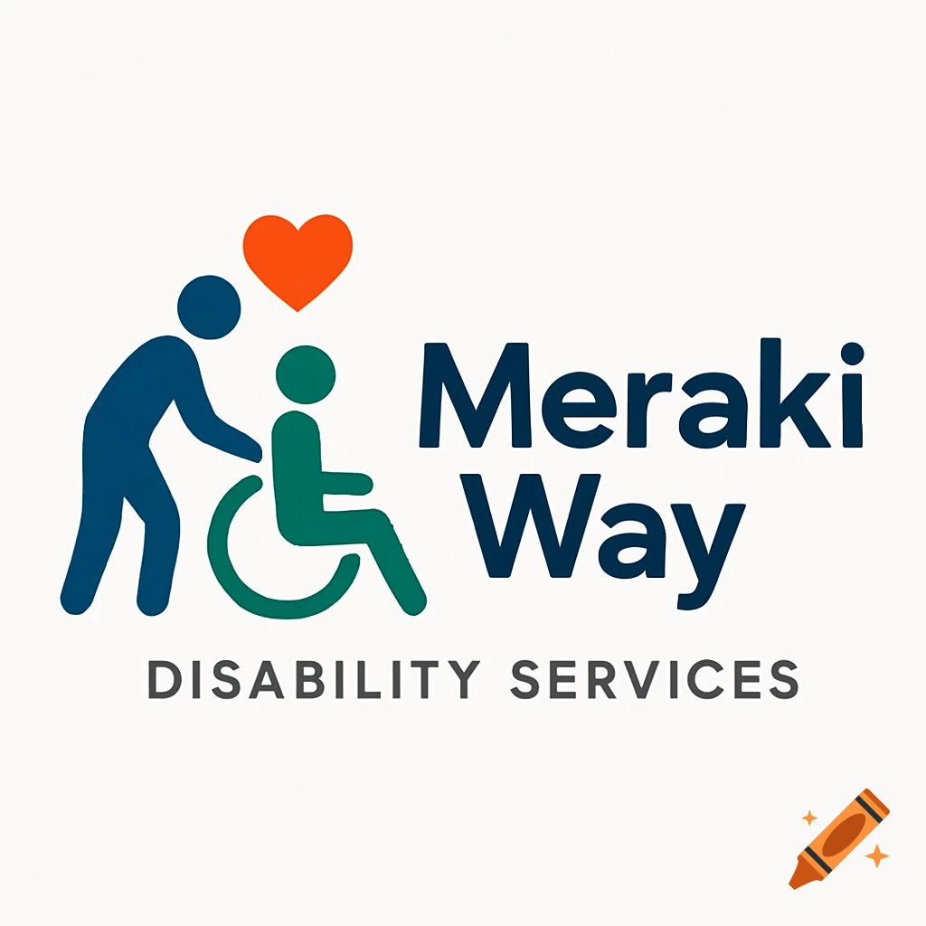 Logo for disability services featuring a figure pushing a wheelchair, a heart, and text.