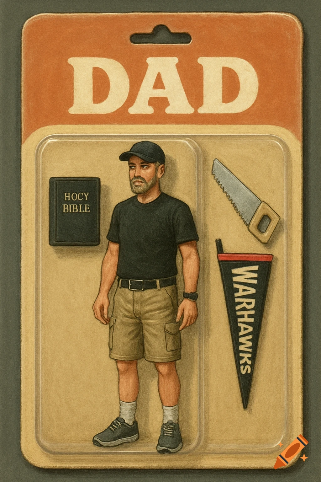Illustration of an action figure in packaging labeled DAD, with accessories of a Bible, saw, and Warhawks pennant.