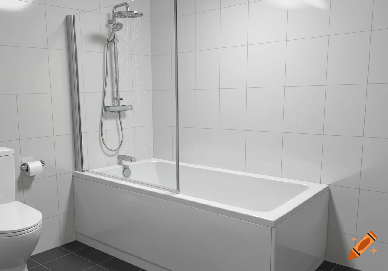 A bathroom with a bathtub, shower, toilet, and a glass shower screen.