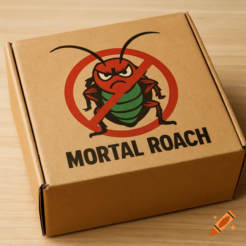 Cardboard box with a 'Mortal Roach' extermination logo featuring a cartoon cockroach.