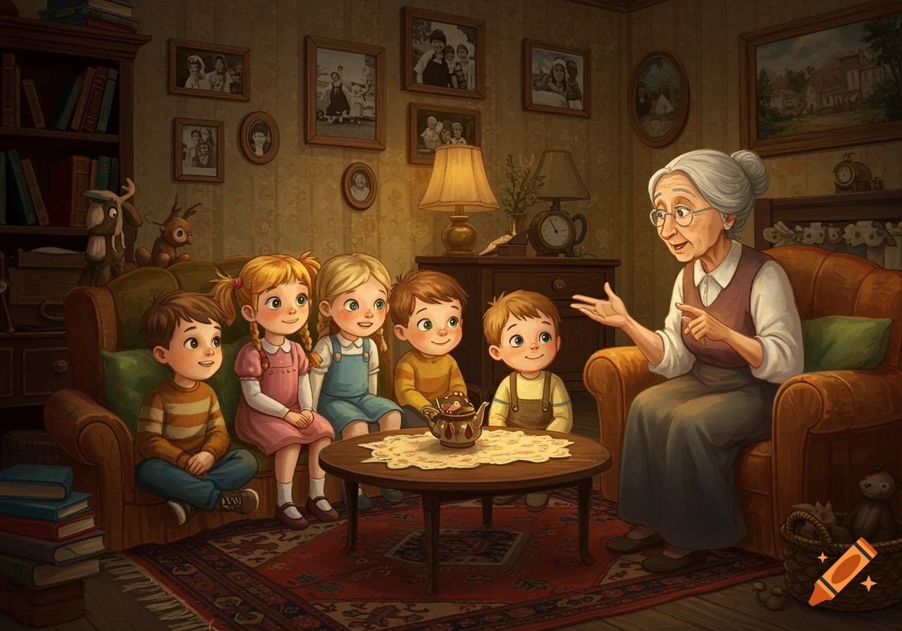 Illustration of a grandmother telling a story to five children in a cozy living room.