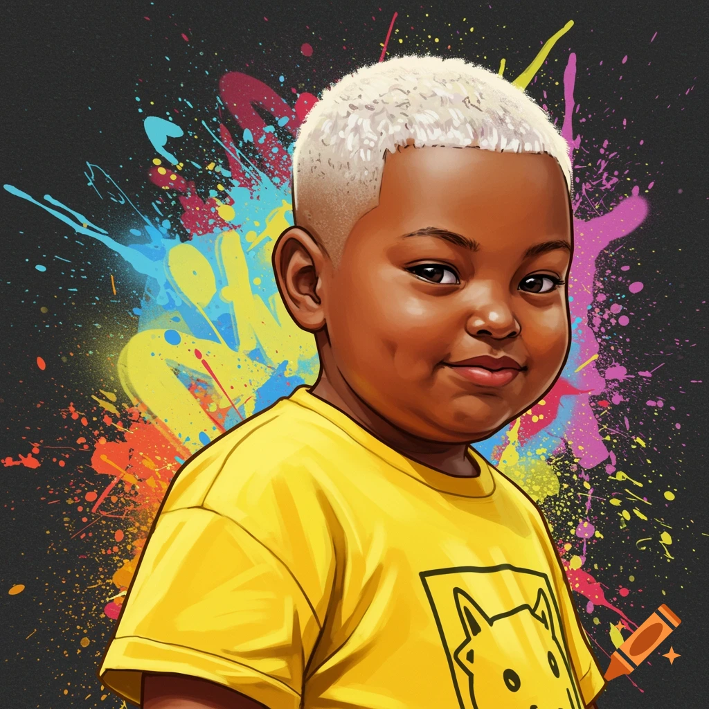 Stylized portrait of a young boy with light buzz cut hair wearing a yellow shirt, against a colorful paint splatter background.