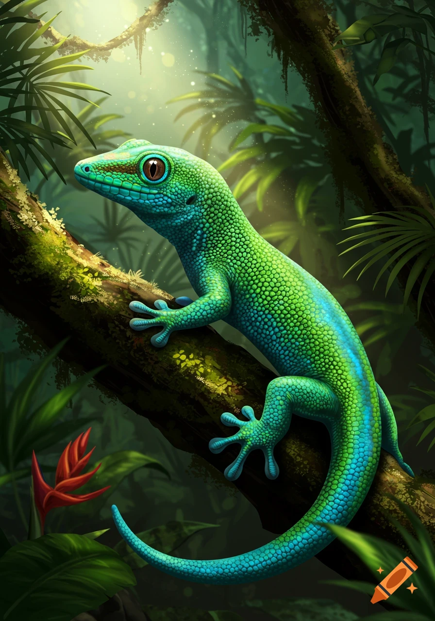 A vibrant green and blue gecko climbs a mossy branch in a sunny jungle.