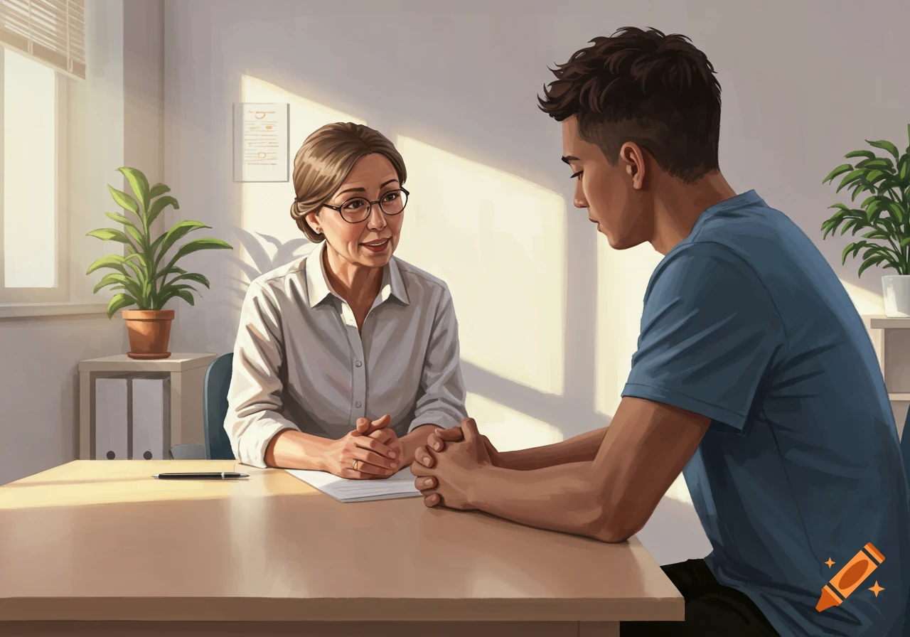 An illustration of a therapist and a patient talking at a desk in an office.