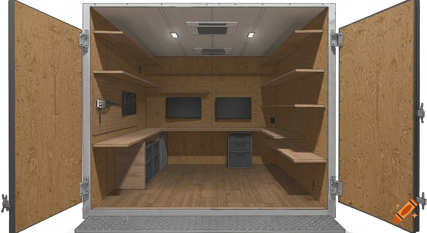 Interior view of a cargo trailer workspace with shelves, desks, monitors, and cabinets, viewed from the open rear doors.